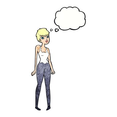 Düşünce baloncuğu olan güzel bir kadın.