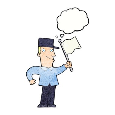 Düşünce baloncuğuyla bayrak sallayan çizgi film adamı.