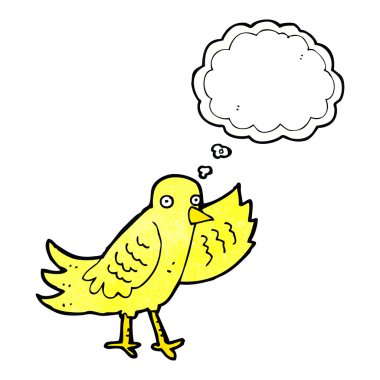 Düşünce baloncuğu sallayan çizgi film kuşu