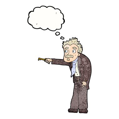 Düşünce baloncuğuyla kilidi açan anahtarla titreyen çizgi film adamı.