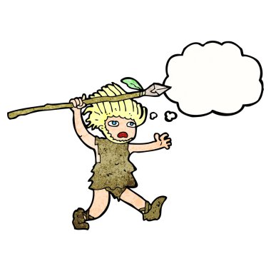 Düşünce kabarcığı olan bir mağara adamı.