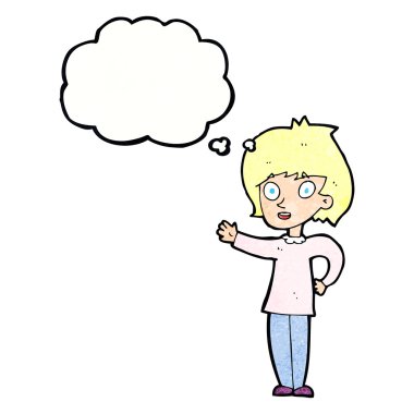 Düşünce baloncuğu olan mutlu çizgi film kadını