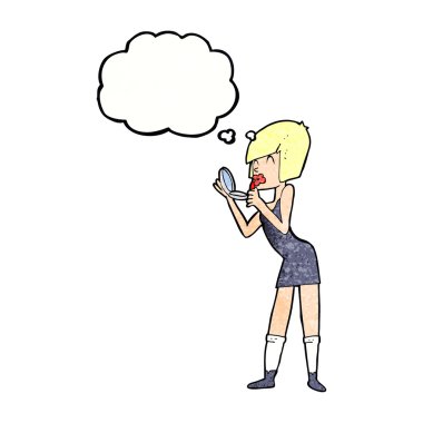 Düşünce baloncuğuyla ruj süren çizgi film kadını.