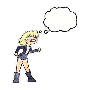 Düşünce kabarcığı olan kızgın motorcu kız.