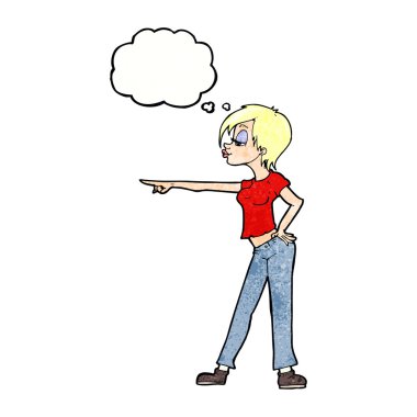 çizgi film karakteri kadın düşünce balonunu işaret ediyor.