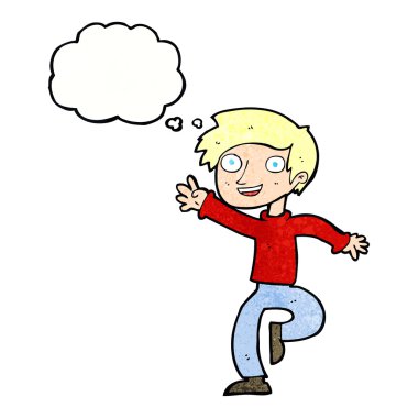 çizgi film heyecanlı çocuk düşünce baloncuğuyla dans ediyor