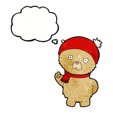 Düşünce baloncuklu eşarp ve şapkalı oyuncak ayı.