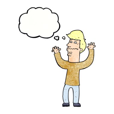 Düşünce baloncuklu sinirli bir adam.