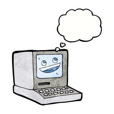 Düşünce baloncuklu eski bilgisayar