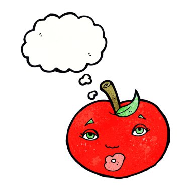 Yüzünde düşünce kabarcığı olan çizgi film elması.