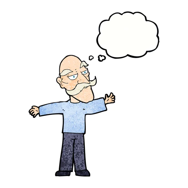 Cartoon old man spreading arms wide with thought bubble — Stock Vector