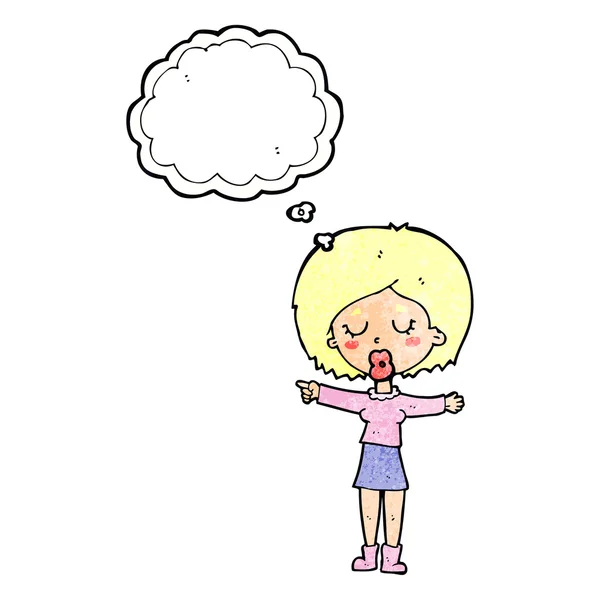 Cartoon apontando mulher com bolha de pensamento — Vetor de Stock