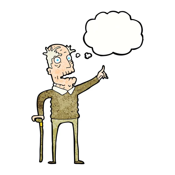 Cartoon oude man met wandelstok met gedachte zeepbel — Stockvector