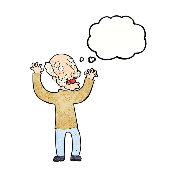 Cartoon terrified old man with thought bubble — Stock Vector