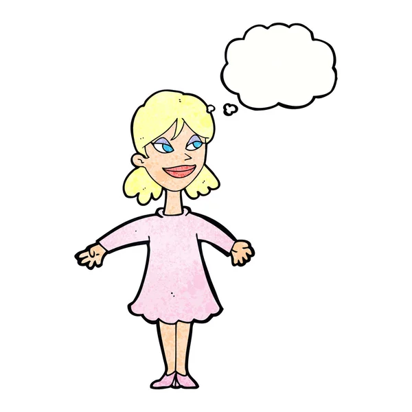 思考バブルの開いた腕を持つ漫画の女性 — ストックベクタ