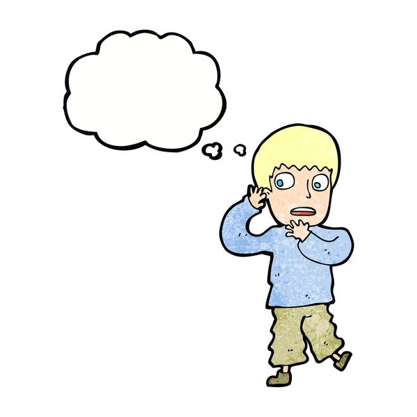 Cartoon frightened boy with thought bubble — Stock Vector