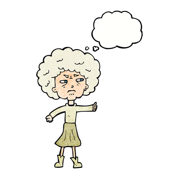 Γελοιογραφία ενοχλημένη ηλικιωμένη γυναίκα με φούσκα σκέψης — Διανυσματικό Αρχείο