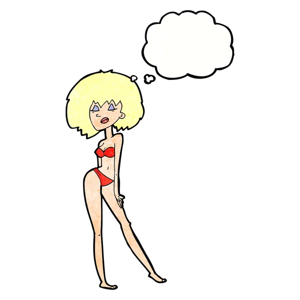 Cartoon vrouw in bikini met gedachte bubble — Stockvector