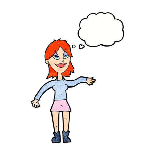 Donna dei cartoni animati facendo gesto della mano con bolla di pensiero — Vettoriale Stock