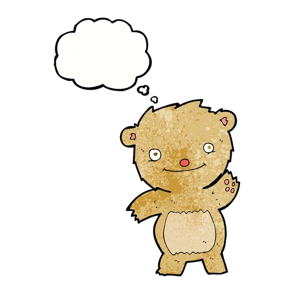 Dibujos animados ondeando oso de peluche con burbuja de pensamiento — Vector de stock