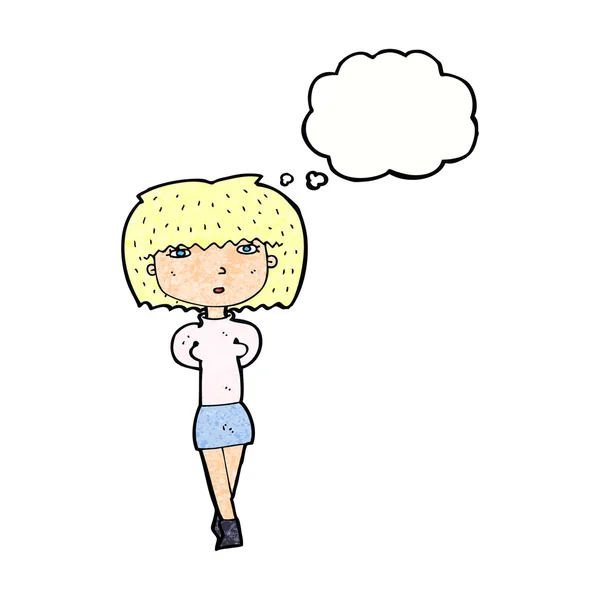 Cartone animato donna timida con bolla di pensiero — Vettoriale Stock