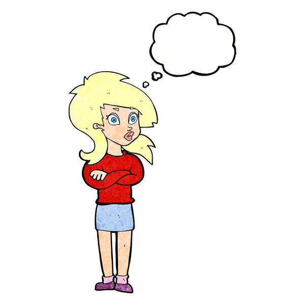 Femme dessin animé avec bras croisés avec bulle de pensée — Image vectorielle