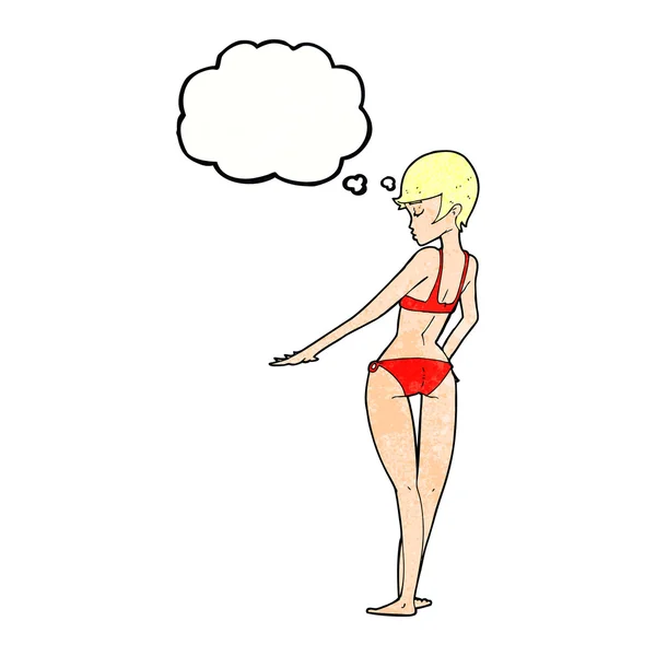 Bikini de dibujos animados mujer con burbuja de pensamiento — Vector de stock