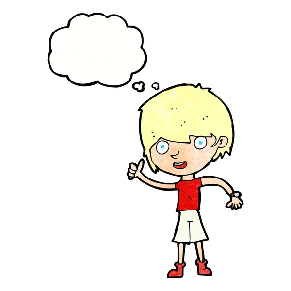 Cartoon jongen met positieve houding met gedachte zeepbel — Stockvector