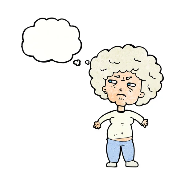 Cartoon annoyed old woman with thought bubble — Stock Vector