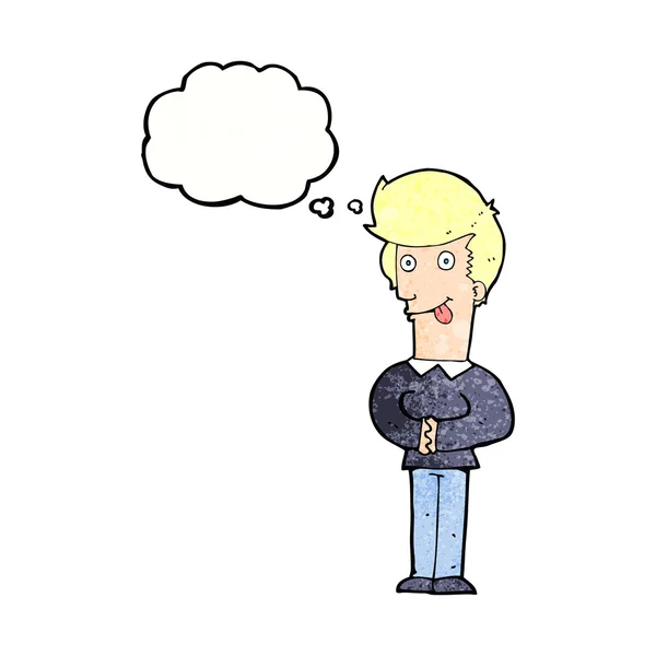 Hombre de dibujos animados sobresaliendo de la lengua con burbuja de pensamiento — Archivo Imágenes Vectoriales