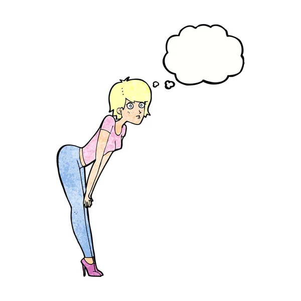 Mujer de dibujos animados mirando algo con burbuja de pensamiento — Vector de stock