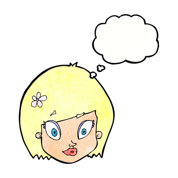 Dibujos animados cara femenina feliz con burbuja de pensamiento — Vector de stock