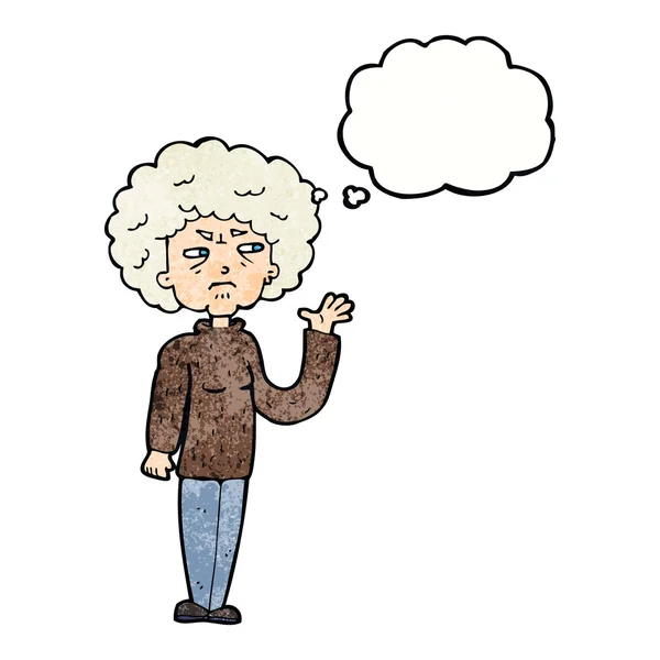 Kreskówka wkurzony stary kobieta macha z myślowy bańka — Wektor stockowy
