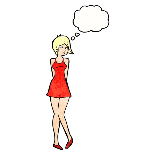 Desenho animado mulher bonita no vestido com bolha de pensamento — Vetor de Stock