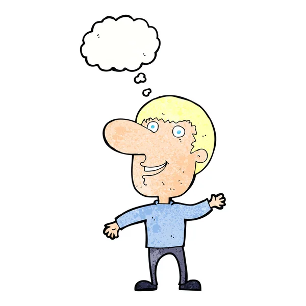 Dibujos animados ondeando hombre con burbuja de pensamiento — Vector de stock