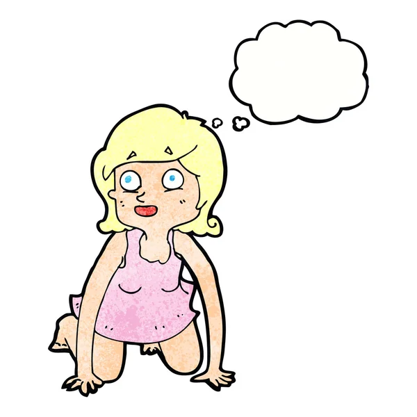 Mujer de dibujos animados a cuatro patas con burbuja de pensamiento — Vector de stock