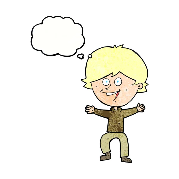 卡通人物快乐的男孩带着思想泡泡大笑 — 图库矢量图片