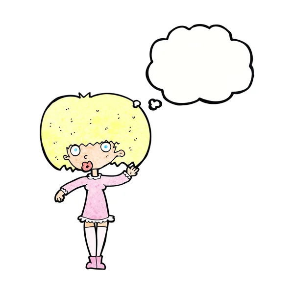 Karikatur winkendes Mädchen mit Gedankenblase — Stockvektor
