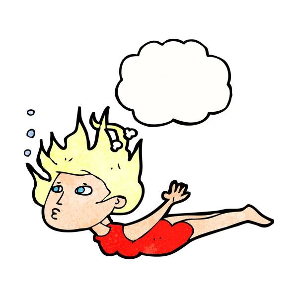 Cartoon vrouw zwemmen onder water met gedachte zeepbel — Stockvector