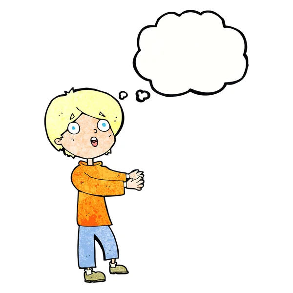 Cartone animato scioccato ragazzo con bolla di pensiero — Vettoriale Stock