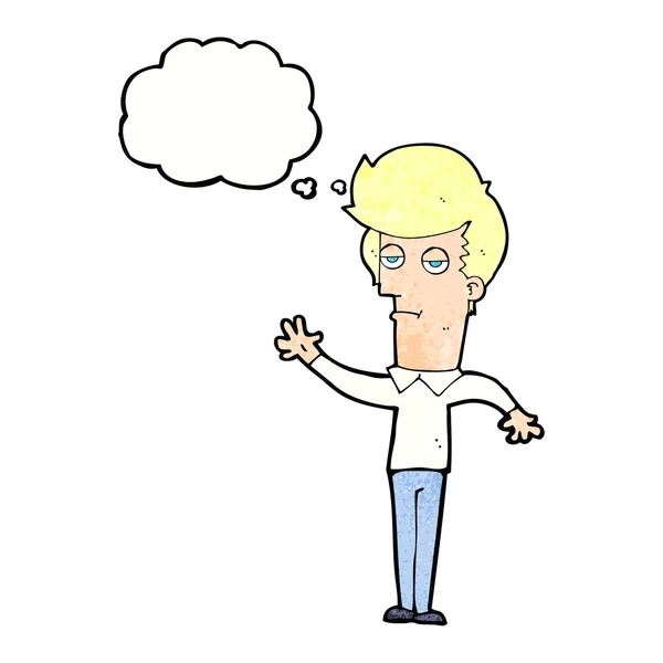 Hombre aburrido de dibujos animados ondeando con burbuja de pensamiento — Vector de stock