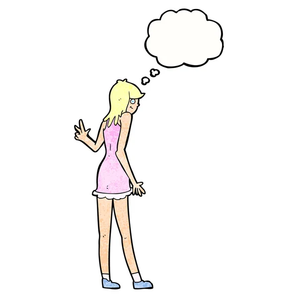 Γελοιογραφία γυναίκα κουνώντας με σκέψη φούσκα — Διανυσματικό Αρχείο