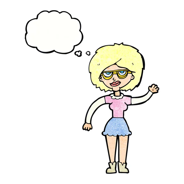 Kreskówka machanie kobieta noszenie okulary z bańki myślowej — Wektor stockowy