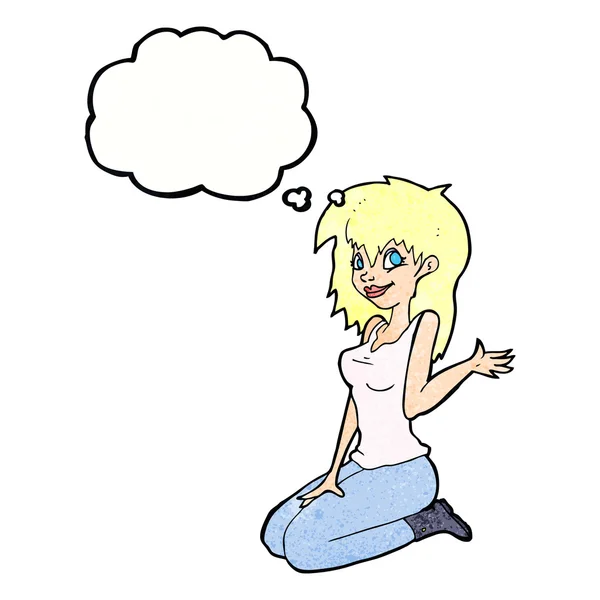 Karikatur hübsches Mädchen winkt mit Gedankenblase — Stockvektor