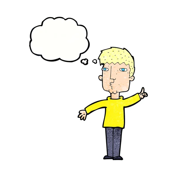 Homem dos desenhos animados levantando ponto com bolha pensamento — Vetor de Stock