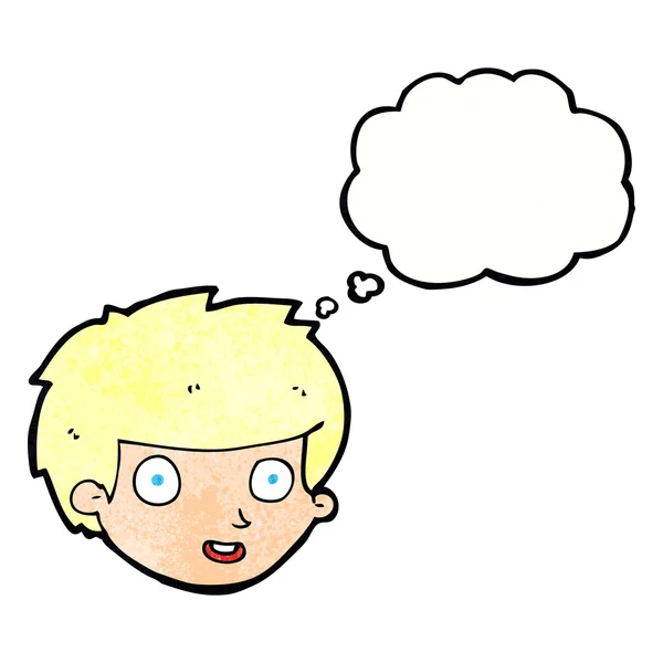 Cartone animato volto felice ragazzo con bolla di pensiero — Vettoriale Stock