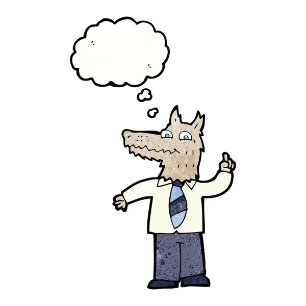 Cartoon Business Wolf mit Idee mit Gedankenblase — Stockvektor