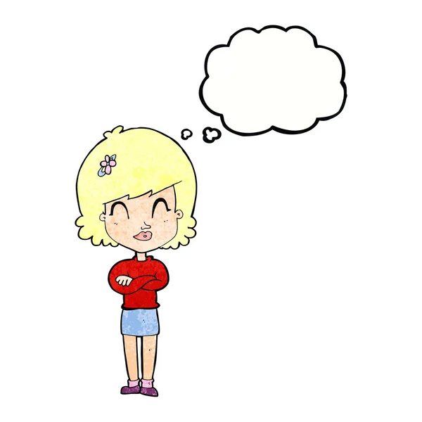 Karikatur hübsches Mädchen kippt Kopf mit Gedankenblase — Stockvektor