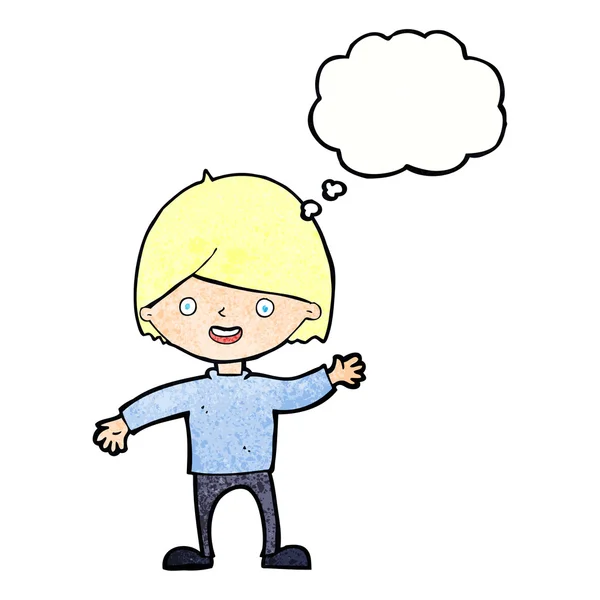Cartoon waving boy with thought bubble — Stock Vector