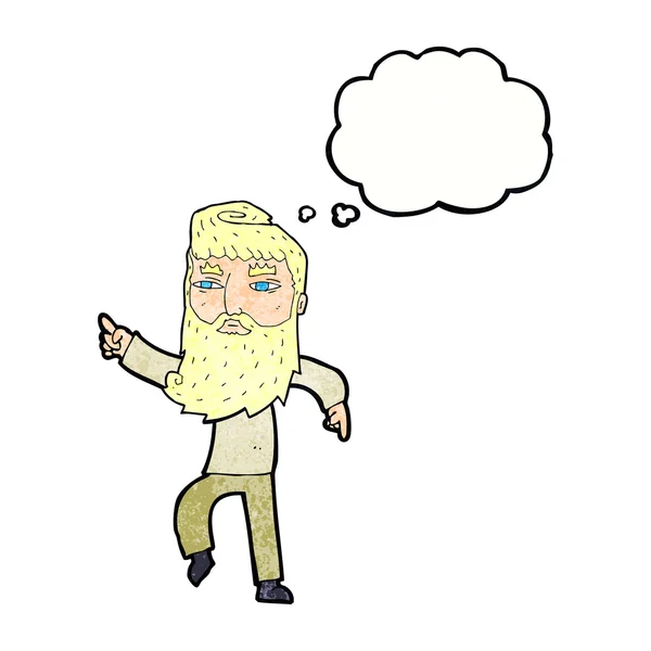 Cartoon bebaarde man wijzend de weg met gedachte zeepbel — Stockvector